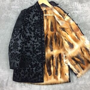 Velvet Brocade Chinese Jacket Womens Small Fur Lined Frog Closure Black